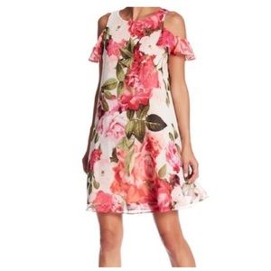 NEW Eliza J Pink Floral Flutter Sleeve Cold Shoulder Babydoll Dress 4